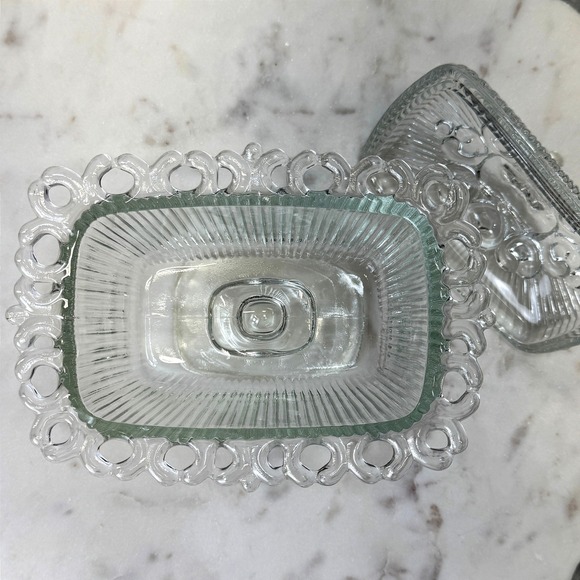 Vintage Clear Indiana Glass Lidded Candy Dish Lace Edge Heart Pedestal Compote - Picture 10 of 10